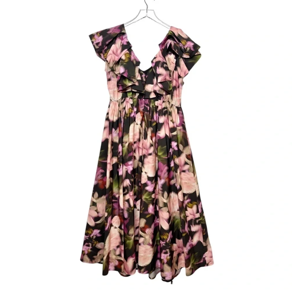 ELOQUII Ruffle Neckline Pink Moody Floral Women’s Midi Dress Sz 16